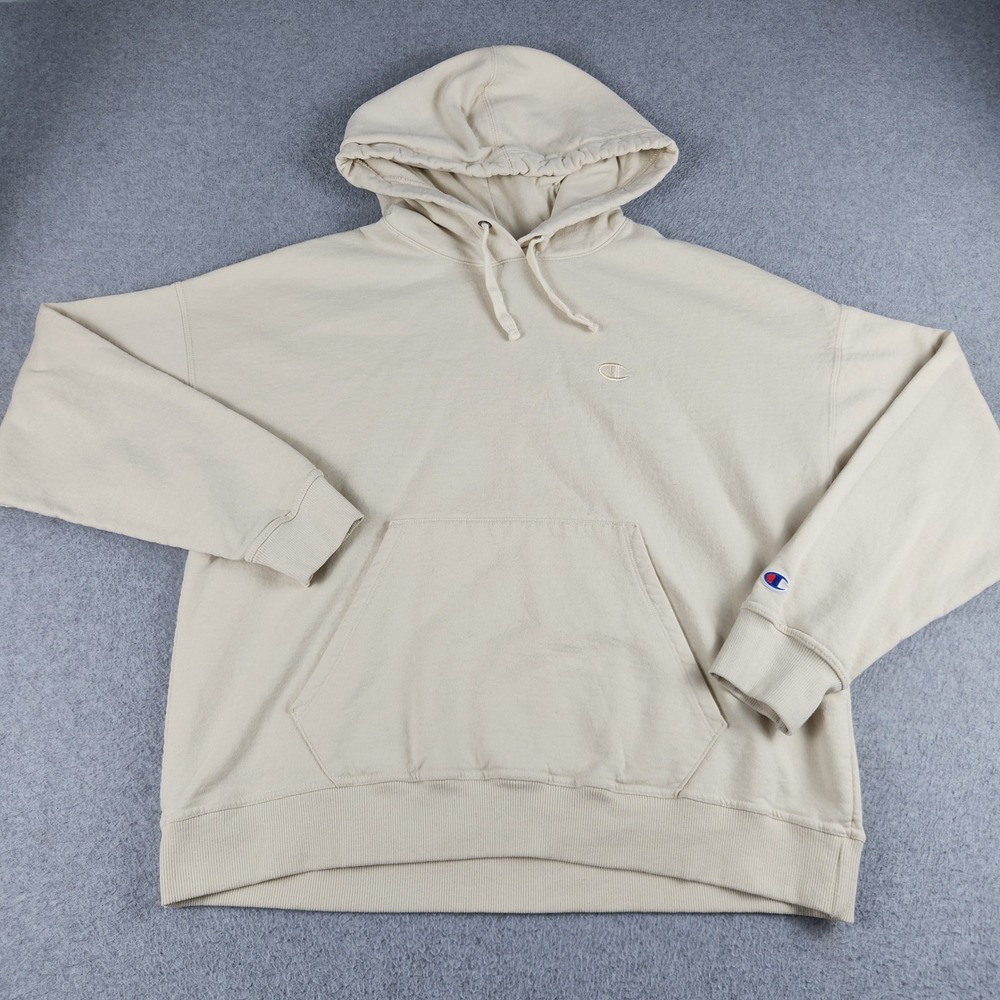 Champion Hoodie Mens XL Beige Fleece Lined Long Sleeve Relaxed Fit Logo Pullover